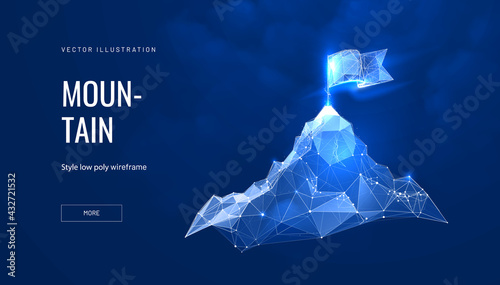 Mountain success futuristic polygonal illustration on blue background. The concept of achieving the goal. Abstract glowing vector illustration for travel or tourism