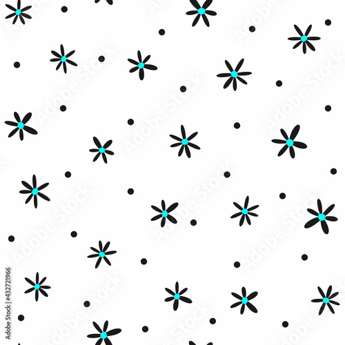 Simple seamless pattern with scattered small flowers and dots. Vector illustration.
