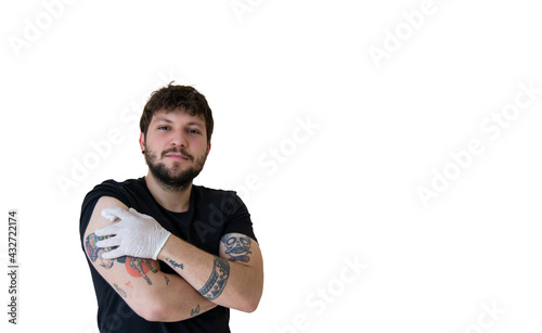 Muscular man with vaccine, covid vaccine	
 photo