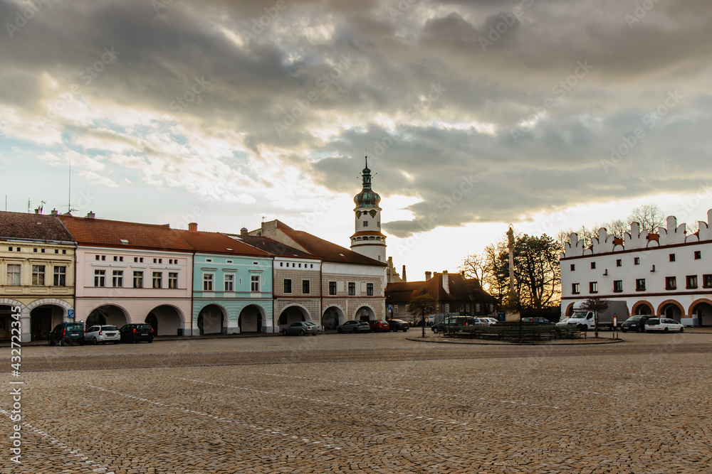 Nove Mesto nad Metuji, Czech republic. Historical centre of the town with charming Hus Square,colorful houses with arcade and famous Castle.Pearl of east Bohemia.Czech tourist attraction.