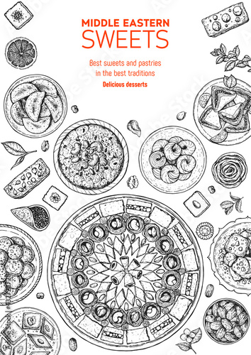 Oriental sweets vector illustration. Middle eastern food, hand drawn sketch. Linear graphic. Food menu background.