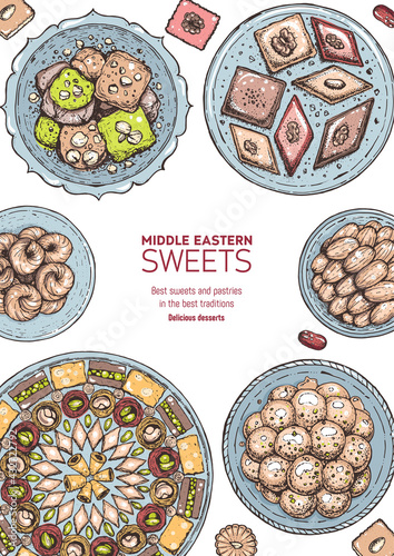 Oriental sweets vector illustration, top view. Middle eastern food, hand drawn. Colorful design template. Food menu background. EPS10