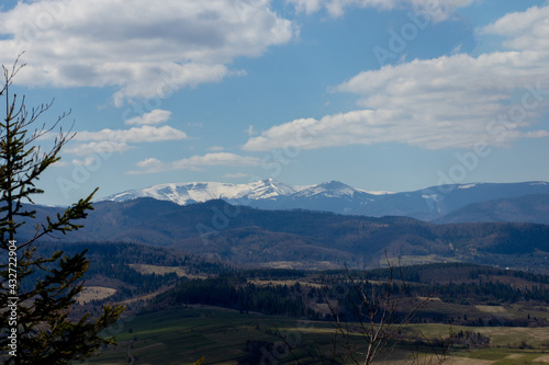 View of the Carpathian Mountains landscape in cloudy summer day. Mountain peaks  forests  fields and meadows  beautiful natural landscape