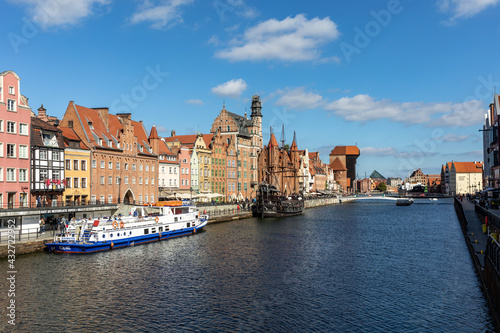  Passenger harbor on the Motława River and a cruise ship at Dlugie Pobrzeze in old town of Gdansk