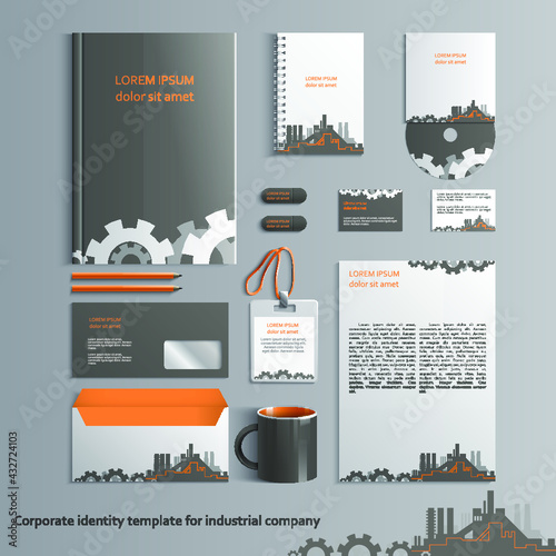 Corporate identity template for industrial company with factories and cogwheels. Vector company style for brandbook and guideline. EPS 10