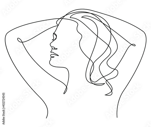 Silhouettes of the head and hands of the girl. Woman face in modern one line style. Solid line, aesthetic outline for decor, posters, stickers, logo. Vector illustration.