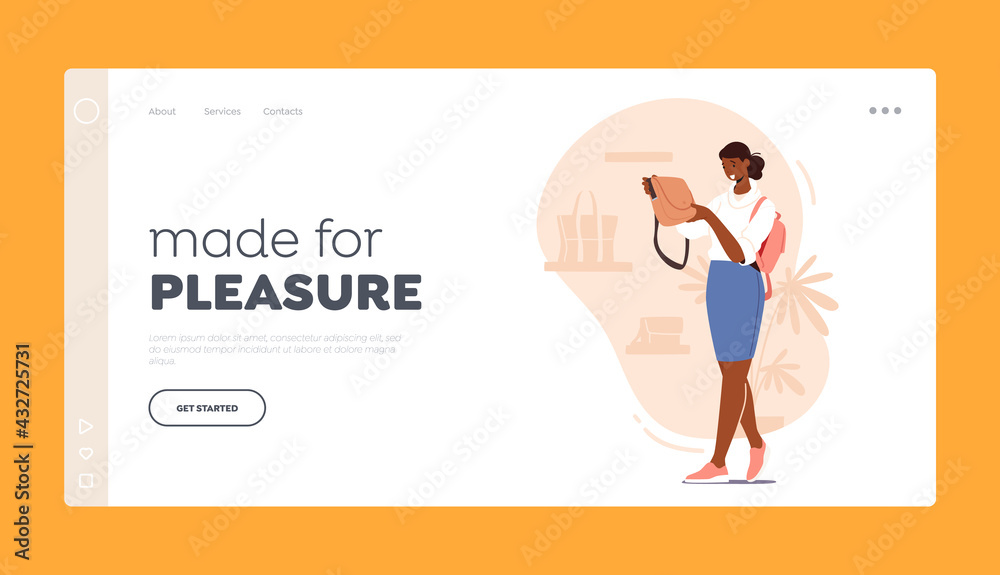 Female Customer Character Shopping Landing Page Template. Young Woman Watching Bags Assortment at Accessories Store Female Customer Character Shopping Landing Page Template. Young Woman Watching Bags Assortment at Accessories Store
