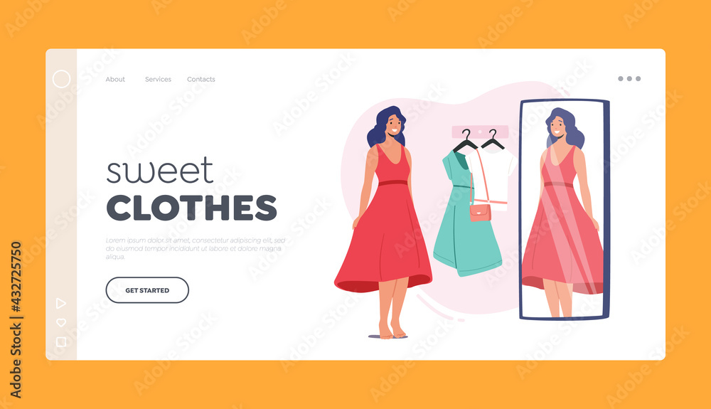 Fashioned Apparel Shop Landing Page Template Young Female Character Trying on Clothes in Dressing Room at Store Fashioned Apparel Shop Landing Page Template Young Female Character Trying on Clothes in Dressing Room at Store