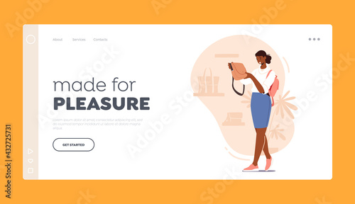 Female Customer Character Shopping Landing Page Template. Young Woman Watching Bags Assortment at Accessories Store