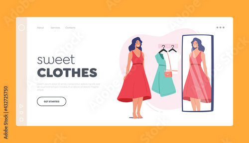 Fashioned Apparel Shop Landing Page Template Young Female Character Trying on Clothes in Dressing Room at Store