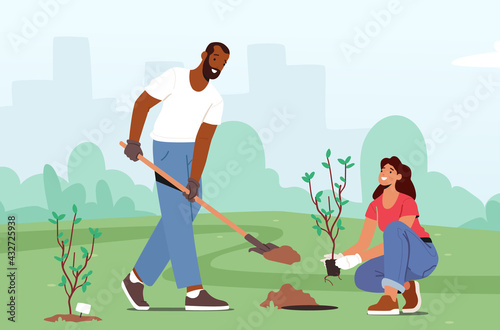 Revegetation, Forest Restoration, Reforestation and Planting Trees Concept. Volunteers Planting Plants Seedlings