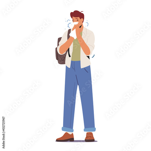 Ill Man Sneezing, Diseased Male Character with Runny Nose Snot and Cough in Wipes Suffer of Contagious Viral Infection