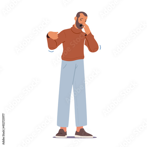 Viral Infection Concept. Diseased Man Sneezing, Ill Male Character with Runny Nose Snot and Cough Suffering of Cold