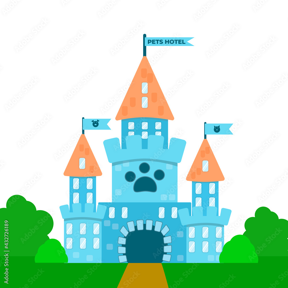 Cartoon castle with flags and pet portraits. A blue building with animal footprints. Nice hotel for pets