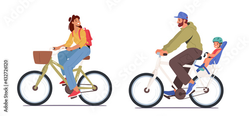 Young Man and Woman with Baby Riding Bikes Isolated on White Background. Active Characters Enjoying Healthy Lifestyle
