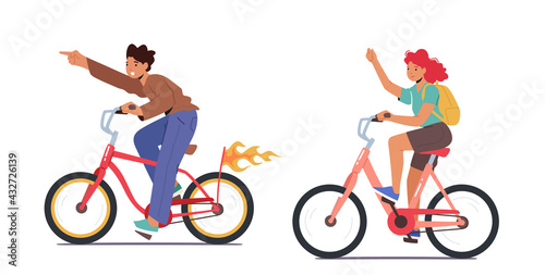 Boy and Girl Characters Bicycle Trip, Healthy Lifestyle, Outdoors Sport Activity. Teenagers Riding Bikes, Exercising