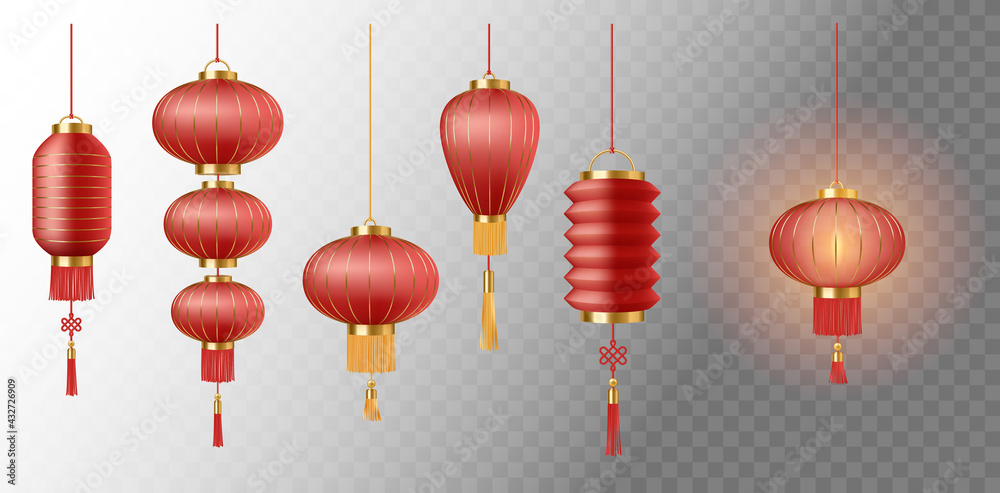 Set of Chinese paper lanterns, symbol of eastern new year celebration. Traditional china decor