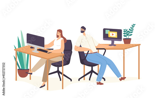 Male Character Sitting at Workplace Pry to Colleague Looking on Computer Monitor with Secret Information