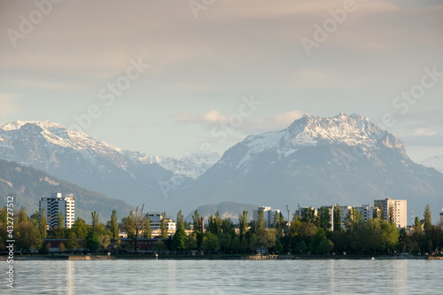 Sunset over the Lake Constance with the Swiss Mountains in the Background, Vorarlberg, Austria, Europe photo