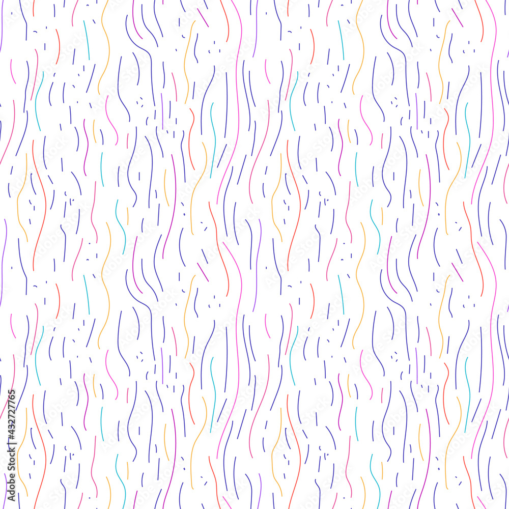 Seamless pattern with pink, purple, violet, red, blue abstract random wavy lines on white background. Simple graphic, surface, fabric, textile, paper design print. Colorful threads of various length. Seamless pattern with pink, purple, violet, red, blue abstract random wavy lines on white background. Simple graphic, surface, fabric, textile, paper design print. Colorful threads of various length.