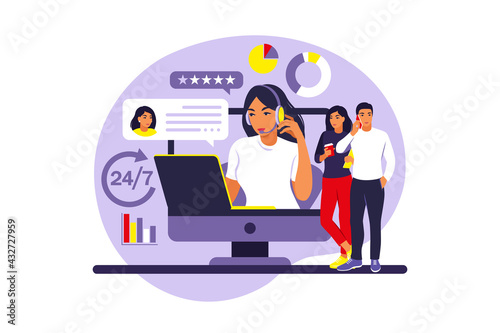 Customer service concept. Woman with headphones and microphone with laptop. Support, assistance, call center. Vector illustration. Flat style