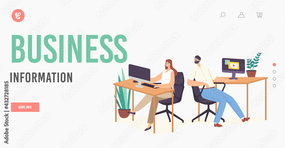 Business Information Landing Page Template. Male Character Sit at Workplace Pry to Colleague Looking on Computer Monitor