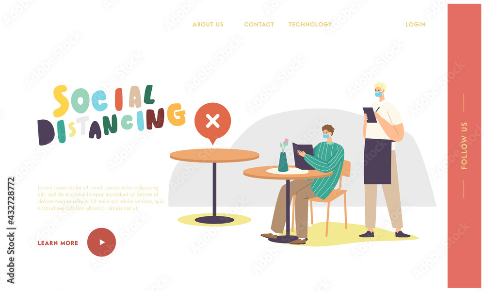 Social Distancing After Pandemic Landing Page Template. Male Character in Cafe or Restaurant After Coronavirus Outbreak