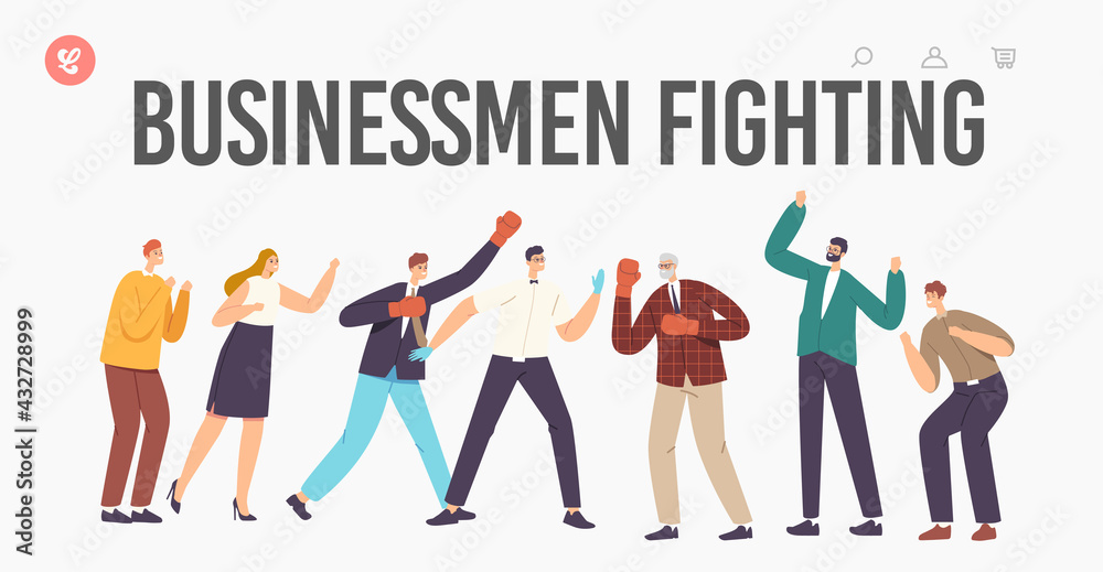 Businessmen Fighting Landing Page Template. Characters in Boxing Glove Fight with Referee and Colleagues Cheering
