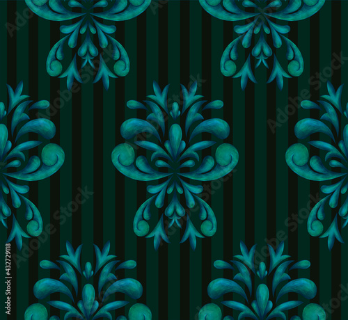 Classic pattern for luxury interior decoration and trendy print for fabrics. Texture processing of elements of the Baroque style. Symmetrical arabesques in a seamless background