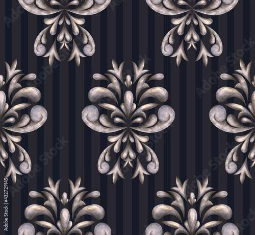 Classic pattern for luxury interior decoration and trendy print for fabrics. Texture processing of elements of the Baroque style. Symmetrical arabesques in a seamless background