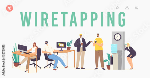 Wiretapping Landing Page Template. Female Eavesdropper Character Listening through Wall using Cup. Office Woman Spying