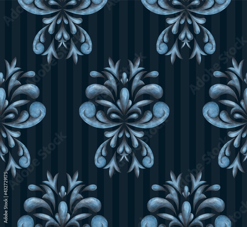 Classic pattern for luxury interior decoration and trendy print for fabrics. Texture processing of elements of the Baroque style. Symmetrical arabesques in a seamless background