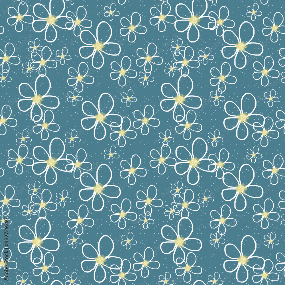 Seamless pattern with chamomile on blue background for fabric, textile, gift and wrapping paper