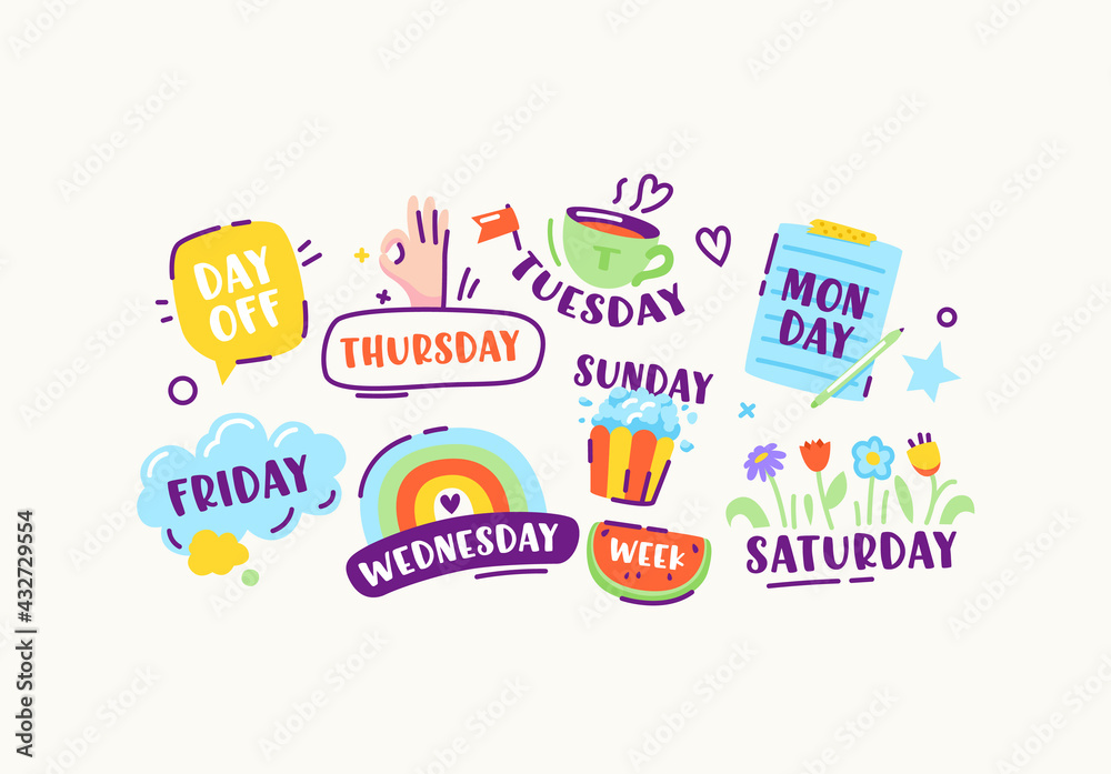 Set of Stickers or Icons of Week Days Sunday, Monday, Tuesday and Wednesday, Thursday and Friday or Saturday, Day Off