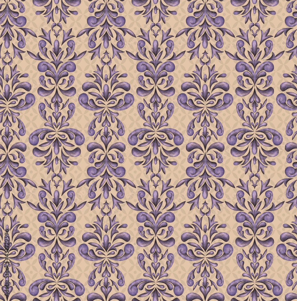 Classic pattern for luxury interior decoration and trendy print for fabrics. Texture processing of elements of the Baroque style. Symmetrical arabesques in a seamless background Classic pattern for luxury interior decoration and trendy print for fabrics. Texture processing of elements of the Baroque style. Symmetrical arabesques in a seamless background