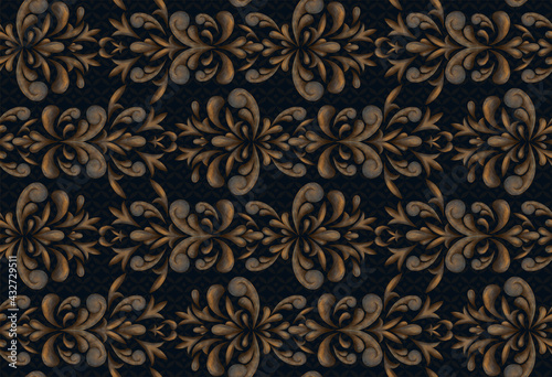 Classic pattern for luxury interior decoration and trendy print for fabrics. Texture processing of elements of the Baroque style. Symmetrical arabesques in a seamless background