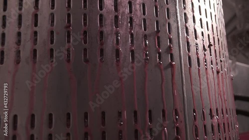 Close up of pool of pressed wine and juices pouring. Wine making of crushed grapes pomace and must. Wine production concept. Winemaking factory. Wine press expel pressed fermented grapes