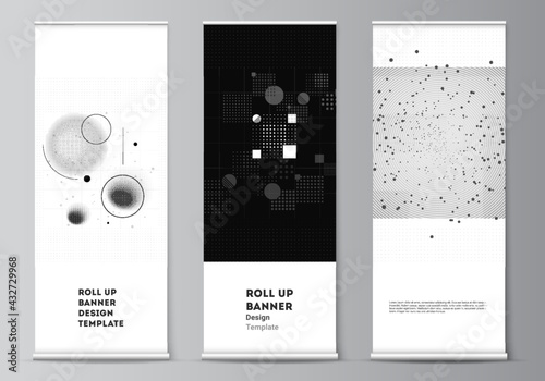 Vector layout of roll up mockup templates for vertical flyers, flags design templates, banner stands, advertising. Abstract technology black color science background. Digital data. High tech concept.
