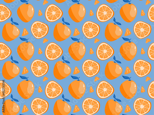 Orange fruit whole and half sliced seamless pattern. Tropical ruit with leaves orange and blue repeated background. Illustration for fabric or wallpaper print.