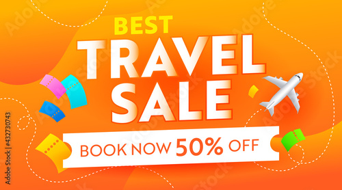 Best Travel Sale Advertising Banner with Airplane and Tickets on Orange Background. Summer Season Voyage Off Flyer