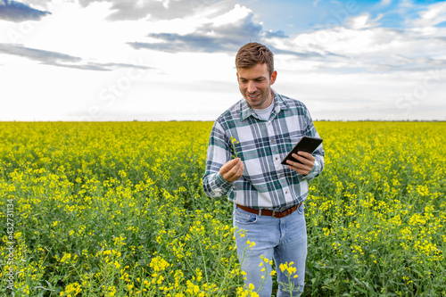A smiling male farmer working with tablet on the rapeseed field.  © Red Riding Hood