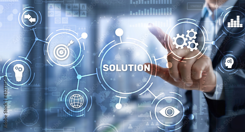 Solution. Businessman pressing on touch screen interface inscription Solutions. Business concept. Internet concept