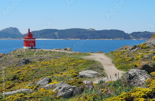 Path to the Lighthouse with the Cies islands in background, Galicia, Spain, Faro de Punta Robaleira, Pontevedra province, Cangas, Cabo Home