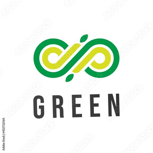 Abstract vector green infinity business logo loop with leaves,bio eco organic icon,timeless sign,symbol endless,pictogram eternity.Design template brand company graphic technology element.