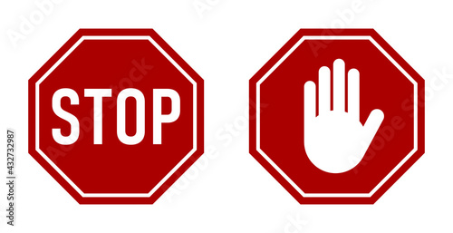 Icon Set of Red Stop Sign and Stop Hand Adblock Octagonal Symbol. Vector Image.