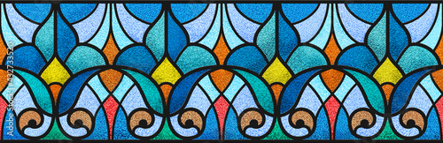 Sketch of a blue stained glass window. Abstract stained-glass background. Modern stained glass for design interior. Multicolor seamless pattern for design. Template for wrapping. Luxury ornament.
