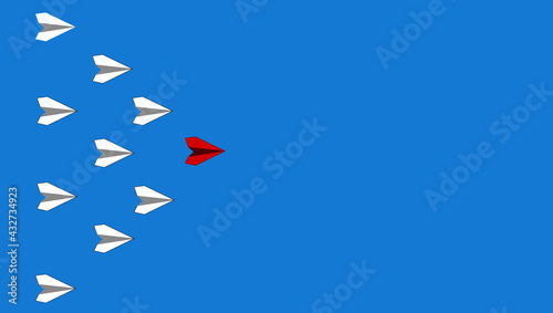 business competition concept, leadership concept vector design group of white planes and red plane leading them on blue background. Vektor EPS 10.
