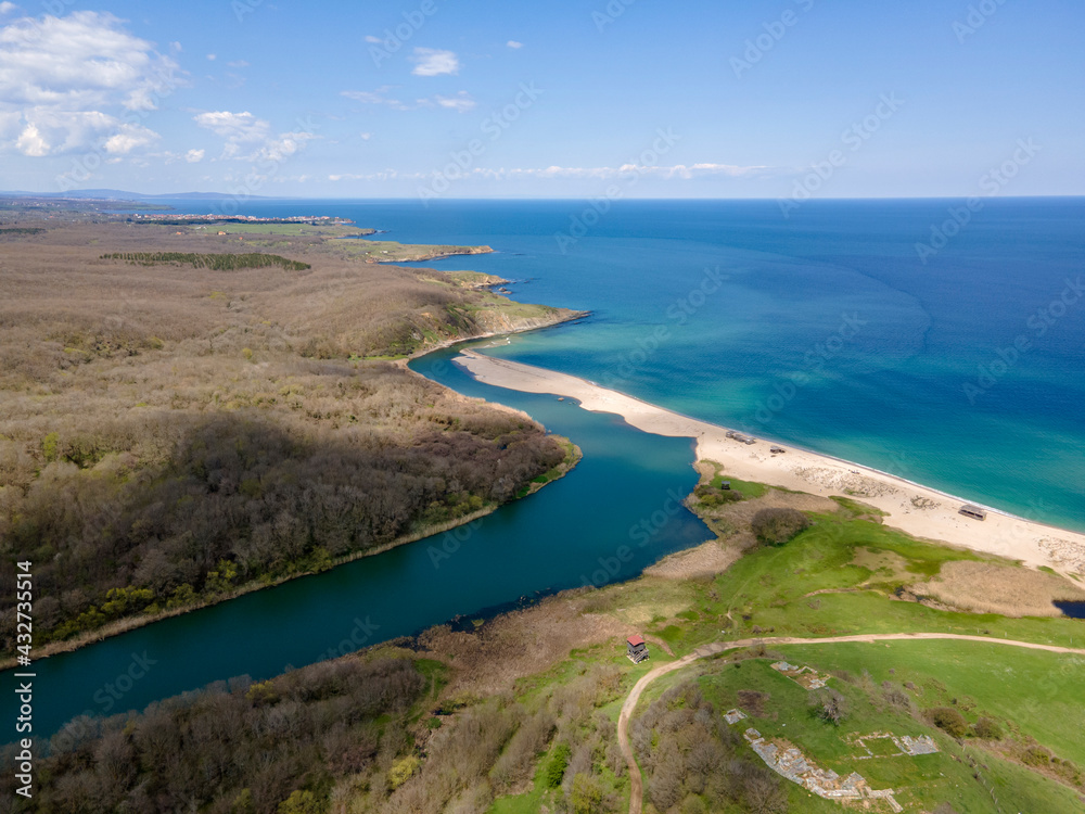 Aerial view of beach at the mouth of the Veleka River, Bulgaria Aerial view of beach at the mouth of the Veleka River, Bulgaria