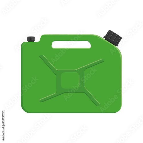 Gasoline canister with cap. Green petrol jerrycan isolated on white background. Vector cartoon illustration.