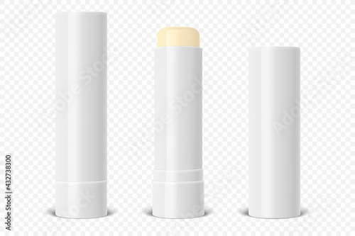 Vector Realistic 3d White Blank Glossy Closed, Opened Lip Balm Stick, Hygienic Lipstick Set Closeup Isolated. Design template for graphics, Vector mockup. Cosmetic, Beauty, Makeup Concept. Front View